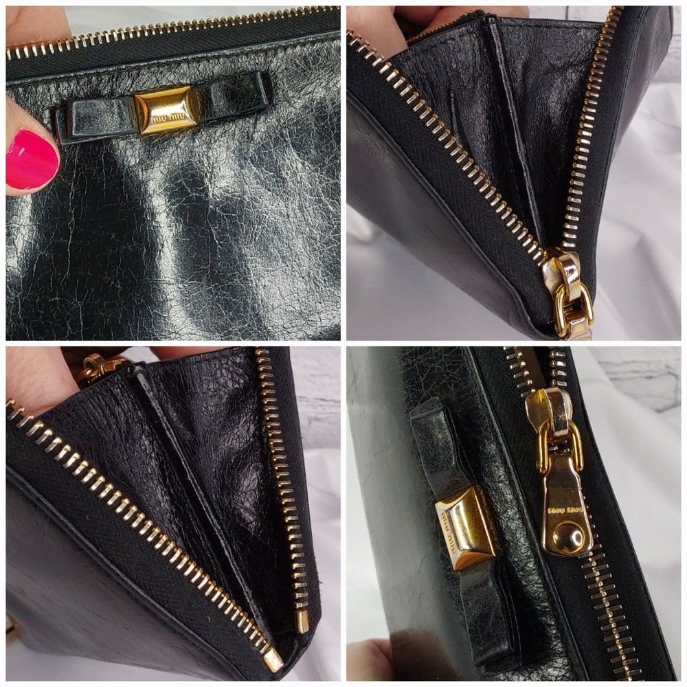 'MIU MIU' BOW-FRONT LEATHER WALLET FULL-ZIP  DISTRESSED ONYX - Picture 12 of 15